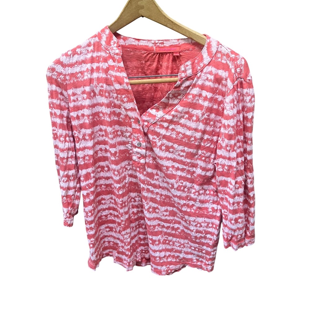 Fresh‎ Produce Top Blouse 3/4 Sleeve Coral Pink White Print Casual USA Made